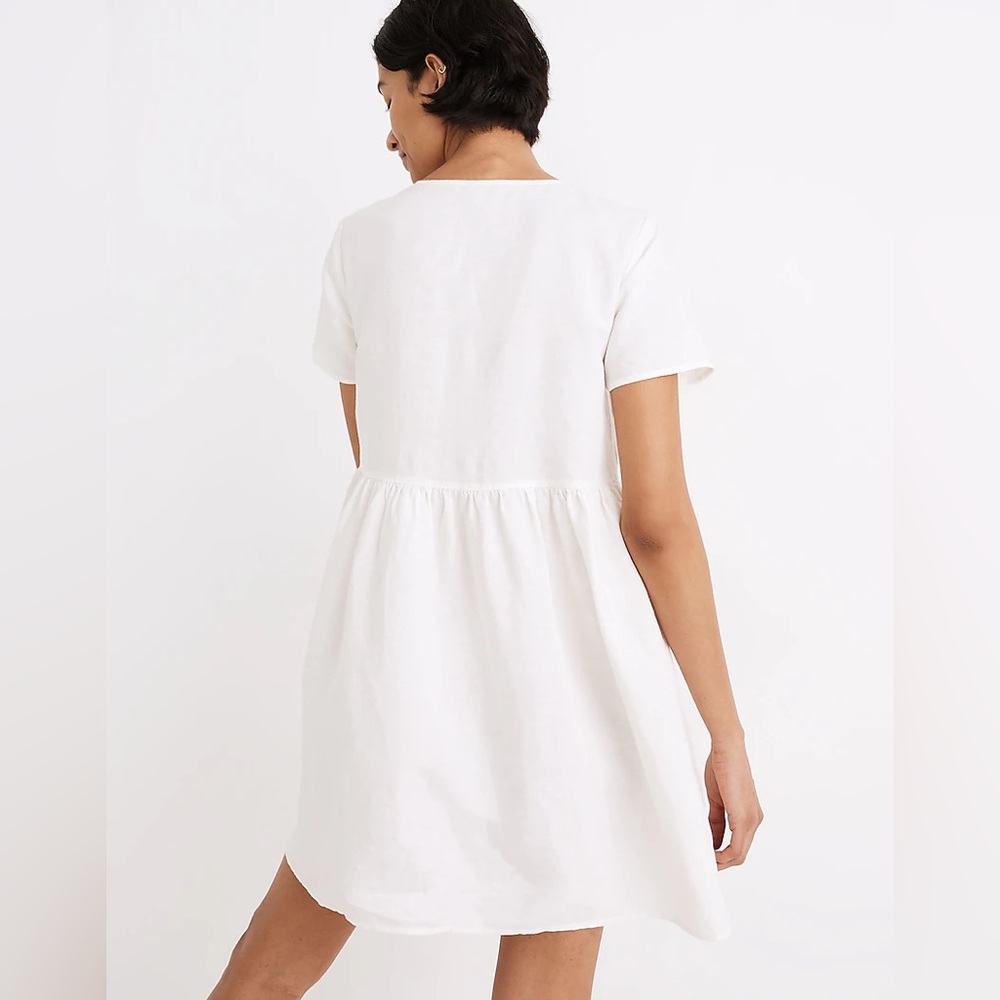 Madewell White Navy Embroidered Linen-Blend Alexandra Button-Front Mini Dress - Picture 3 of 8